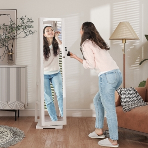 HOMCOM 360° Swivel Jewelry Armoire, Lockable Mirror Jewelry Cabinet with Built-In Small Mirror, White