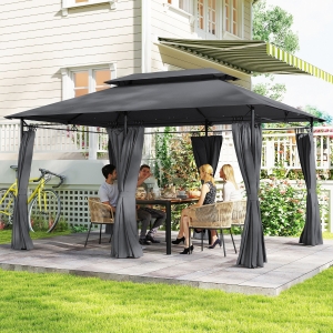 Outsunny 10' x 13' Double Roof Patio Gazebo, Outdoor Gazebo with Curtains, for Garden, Lawn, Backyard and Deck, Grey