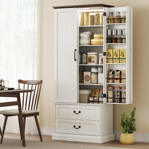 HOMCOM 72" LED Kitchen Pantry Cabinet, Buffet Storage Cabinet with 10 Door Shelves, 2 Drawers and Adjustable Shelves, White