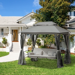 Outsunny 3 Person Outdoor Patio Daybed, 3 in 1 Canopy Gazebo Swing Chair Garden Hammock with Sun Shade, Mesh Mosquito and Net, Dark Grey