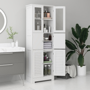 HOMCOM Freestanding Bathroom Cabinet with Glass/Louvred Doors, Tall Bathroom Cabinet for Kitchen, Study, Living Room