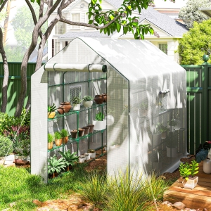 Outsunny Walk-in Greenhouse with 3 Tier, Garden Plant Growhouse with Roll-up Door and Mesh Windows, 140 x 213 x 190 cm, White