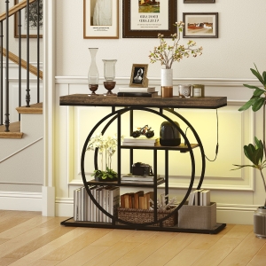HOMCOM 4-Tier Entryway Table with Charging Station LED Lights 39" Console Table with Circle Base for Living Room, Rustic Brown