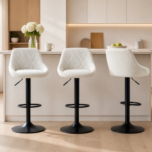HOMCOM Bar Stools Set of 3, Swivel Counter Height Bar Stools with Back, Adjustable Linen-Look Bar Chairs, Off-White