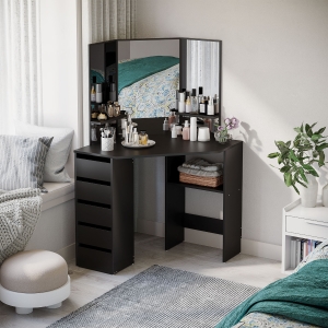 HOMCOM Corner Vanity Desk with Mirror, Makeup Vanity Table with 5 Drawers and Open Shelves, Dressing Table with 3-piece Mirror for Bedroom, Black