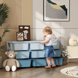 Qaba 3 Tier Kids Toy Organizer and Storage Bins with 9 Plastic Drawers, Blue
