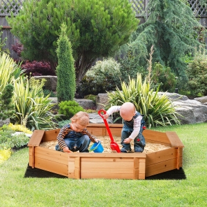 Outsunny Kids Sandbox with Cover, Wooden Sand Box with Seat, Outdoor Children Sand Pit for Backyard, Garden for Ages 3-8, Red