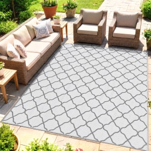 Outsunny Waterproof  Outdoor Rug, 6' x 9' RV Rug Reversible Mat for Backyard, Deck, Picnic, Beach, Camping, Grey & White Net