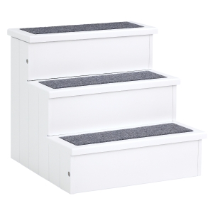 PawHut 3 Step Wooden Carpeted Non Slip Pet Stairs Ramp for Cats and Small Dogs - White