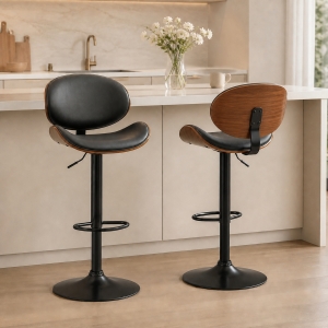 HOMCOM Bar Stools Set of 2, Modern PU Leather Adjustable Swivel Barstools with Curved Back, Footrest and Steel Base, Black