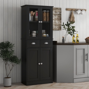 HOMCOM 61" Kitchen Pantry Cabinet, Freestanding Farmhouse Buffet Storage Cabinet with Soft Close Glass Doors and Adjustable Shelves, Black