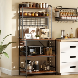 HOMCOM Kitchen Baker's Rack with Power Outlet and LED Light, 5-Tier Coffee Bar Station with 10 Hooks, Rustic Brown