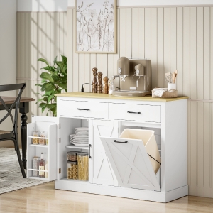 HOMCOM 7 Gallon Tilt Out Garbage Cabinet, Kitchen Island with Charging Station, 2 Drawers, 4 Door Racks, White