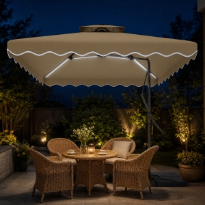 Outsunny 8' x 8' Square Double Top Offset Patio Umbrella Garden Parasol with Solar LED Lights, Ruffles and Weights, Khaki