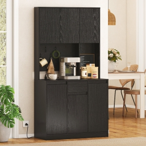 HOMCOM 71" Pantry Cabinet with Charging Station, Kitchen Storage Cabinet with Microwave Stand, Pegboard, 6 S-hooks, Black