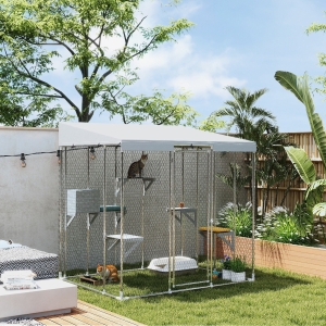PawHut 79" L Galvanized Steel Catio Outdoor Cat Enclosure w/ 420D Waterproof Canopy, Multiple Platforms, Resting Condo, Silver