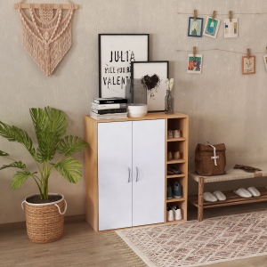 HOMCOM 35.5" Shoe Cabinet, 3-Tier Free Standing Shoe Storage Cabinet with Adjustable Shelves and 5 Open Cubes for Entryway, Hallway, Living Room, Natural