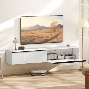 HOMCOM Wall Mounted TV Stand, Floating TV Cabinet with Storage, for TVs up to 70", High Gloss Effect, White