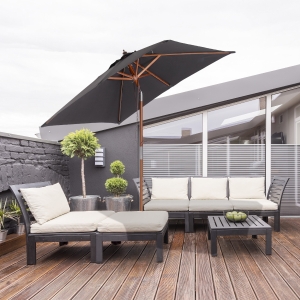 Outsunny 6.6x5ft Square Market Parasol, Wooden Patio Umbrella with Tilt Mechanism and 6 Bamboo Ribs, Garden Sunshade, Dark Grey