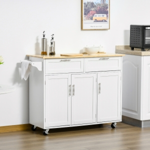 HOMCOM 48" Kitchen Island with Storage and Solid Wood Top, Rolling Kitchen Cart on Wheels with 2 Storage Drawers, 3 Doors and Towel Rack for Dining Room, White
