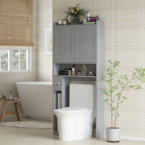 HOMCOM Modern Over The Toilet Storage Shelf with 2 Doors, Above Commode Storage Cabinet with Toilet Paper Holder, Grey