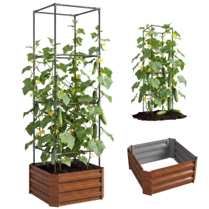 Outsunny Galvanized Planter Box, 24" x 24" x 73.5" Raised Garden Bed with Tomato Cage for Climbing Vines, Brown