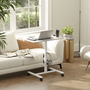 HOMCOM Height Adjustable Standing Desk, Pneumatic Sit Stand Desk with Wheels and Headphone Hook, White Wood Grain