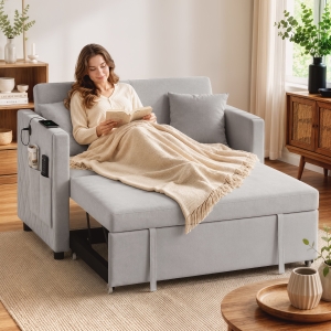 HOMCOM 52" Sofa Bed, Holland Velvet Loveseat Pull Out Sleeper Sofa with USB Ports, Adjustable Backrest, Side Pockets, Grey