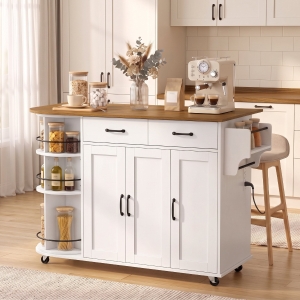 HOMCOM 53" Kitchen Island with Power Outlet and Drop Leaf, Kitchen Cart on Wheels with 360° Rotating Rack, White