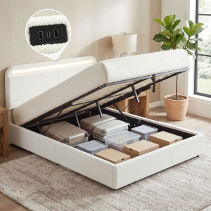 HOMCOM Queen Size Bed Frame with Charging Station, LED Lights, Adjustable Headboard, Upholstered Platform Bed Frame White