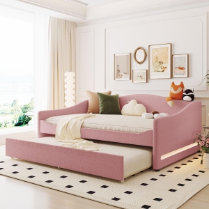 Cozy Full Size Upholstered Daybed with Twin Trundle, Ideal Sofa Bed for Overnight Guests, 79.5" L x 58.5" W x 33" H, Pink