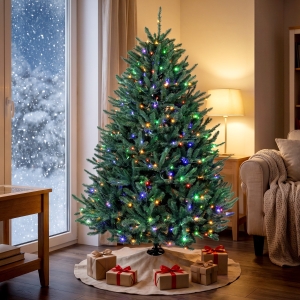 HOMCOM 6ft Prelit Christmas Tree, Colorado Blue Spruce, Easy Plug, Hinged Xmas Tree with Warm White & Multi-Colour LEDs