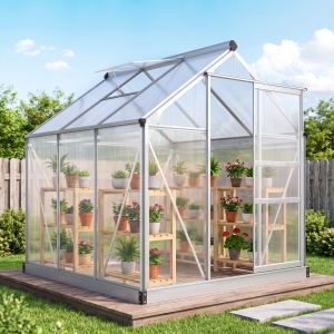 Outsunny 6' x 6' x 6.6' Polycarbonate Greenhouse, Walk-In Green House Kit Garden, Plants Grow, Galvanized Sheet Aluminum Frame