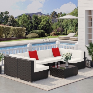 Outsunny 7 Pieces Patio Sofa Outdoor Wicker Sectional Patio Furniture, Dark Brown & Beige