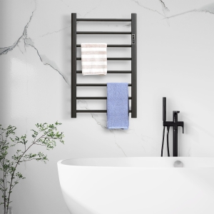 HOMCOM 8-Bar Heated Towel Warmer Rack with Built-in Timer and LED Indicators, Wall Mounted & Free Standing Carbon Steel Electric Towel Bar with Adjustable Temperature, Black
