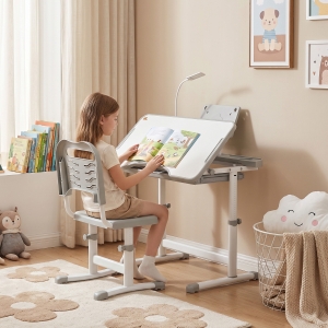 Qaba Kids Desk and Chair Set Height Adjustable Student Writing Desk Children School Study Table with Tilt Desktop, Grey
