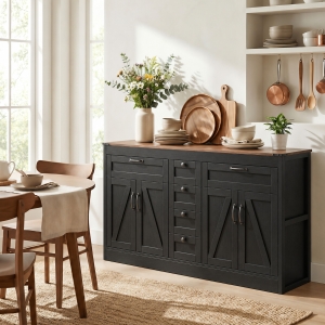 HOMCOM Sideboard Buffet Cabinet, 55" Farmhouse Kitchen Cabinet with 4 Barn Doors, 6 Drawers and 2 Adjustable Shelves, Black