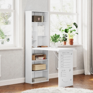 HOMCOM Fold-out Convertible Office Desk, Wall Mount Computer Desk with Whiteboard and Side Shelf, White