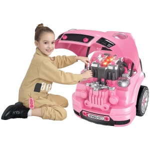 Qaba Mechanic Kids Truck Engine Toy Set, Car Service Play Set, Pink