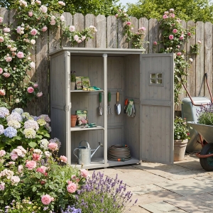 Outsunny 4x1.5ft Wooden Garden Sheds, Outdoor Storage with Windows and Double Door for Gardeners, Grey