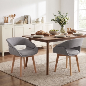 HOMCOM Dining Chairs Linen Fabric Upholstered Ergonomic Kitchen Chairs Beech Wood Legs Set of 2, Light Grey