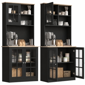 HOMCOM 72" Kitchen Pantry Storage Cabinet with Hutch, Large Countertop, Glass Doors and Adjustable Shelves, Black