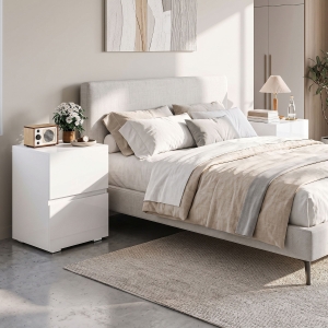 HOMCOM Modern Nightstand Set of 2, Narrow Bedside Table with 2 Drawers and High Gloss Drawer Fronts for Bedroom, White