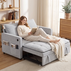 HOMCOM 51" Sofa Bed, Holland Velvet Loveseat Pull Out Sleeper Sofa with USB Ports, Adjustable Backrest, Side Pockets Grey