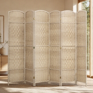 HOMCOM 6 Ft Tall Folding Room Divider, 6 Panel Portable Privacy Screen, Hand-Woven Partition Wall Divider, Light Oak