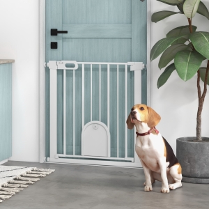 PawHut 30"-32" Extra Wide Pet Gate Barrier with Small Door, 30"H Dog Gate with Safety Gate Barrier, Stair Pressure Fit, White