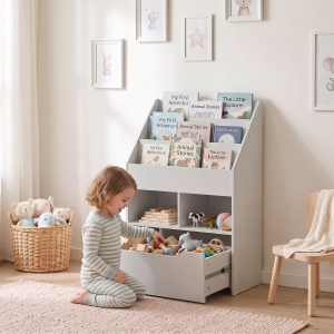 HOMCOM Kids Bookcase Multi-Shelf Rack Organizer with Storage Drawer for Books for Reading Nook, Classroom, Bedroom, Playroom, Grey