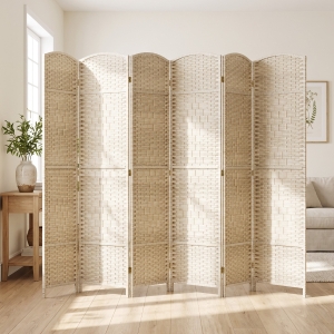 HOMCOM 6 Ft Tall Folding Room Divider, 6 Panel Portable Privacy Screen, Hand-Woven Partition Wall Divider, Light Oak