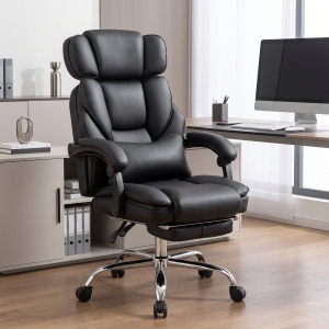 HOMCOM PU Leather Office Chair, Reclining Desk Chair with Footrest, Adjustable Headrest, Lumbar Support, Swivel Wheels, Black