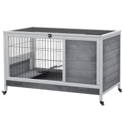 PawHut Indoor Rabbit Enclosure, Wooden Elevated Cage Habitat with Enclosed Run with Wheels - Ideal for Rabbits and Guinea Pigs